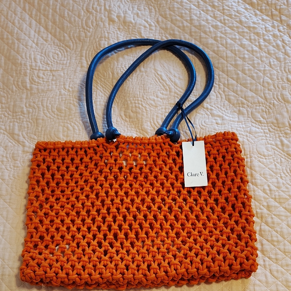 Clare V  Sandy Style Vibrant Orange Tote with Blue Handles